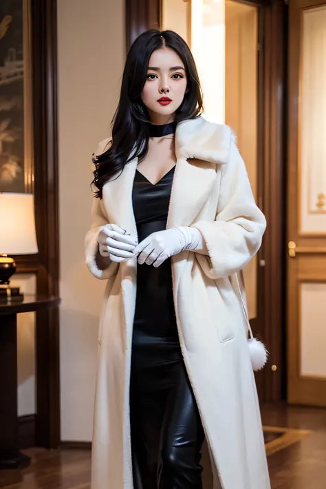 Elegant woman, with a mysterious look, refined cheeks and red lips, very white skin color, like a vampire. Long, straight black hair. She is very well dressed, with elegant clothes, with a fur coat and gloves, in wine red and black, and is very discreet.