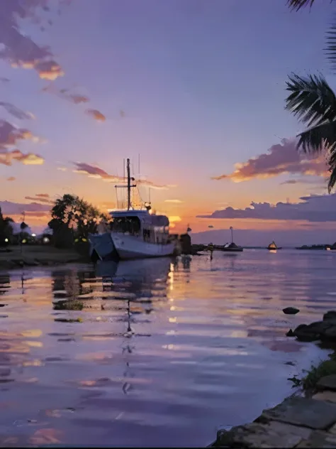 purple and blue sunset with palm trees and a boat in the water, tropical atmosphere, purple sunset, purple beautiful sky, purple sky, pink sunset hue, pink sunset, palmtrees, colorfull sky, colorful skies, pink skies, beautiful magical palm beach, colorful...