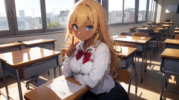 best god quality, Ultra-detailed, perfect Anatomy, (Draw a dark skin gyaru in a classroom. ), 1girl, is a excited beautiful tan girl, a high school student, gyaru aesthetic, (dark skin*2), (dirty blonde hair + wavy hair*1.2), (red gyaru accessories*1.2), c...