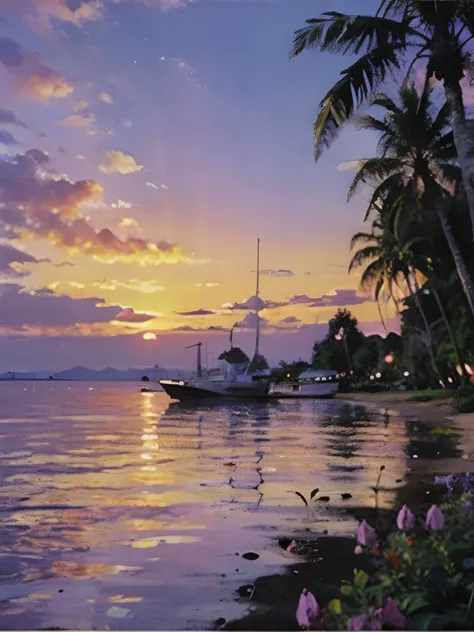 purple and blue sunset with palm trees and a boat in the water, tropical atmosphere, purple sunset, purple beautiful sky, purple sky, pink sunset hue, pink sunset, palmtrees, colorfull sky, colorful skies, pink skies, beautiful magical palm beach, colorful...