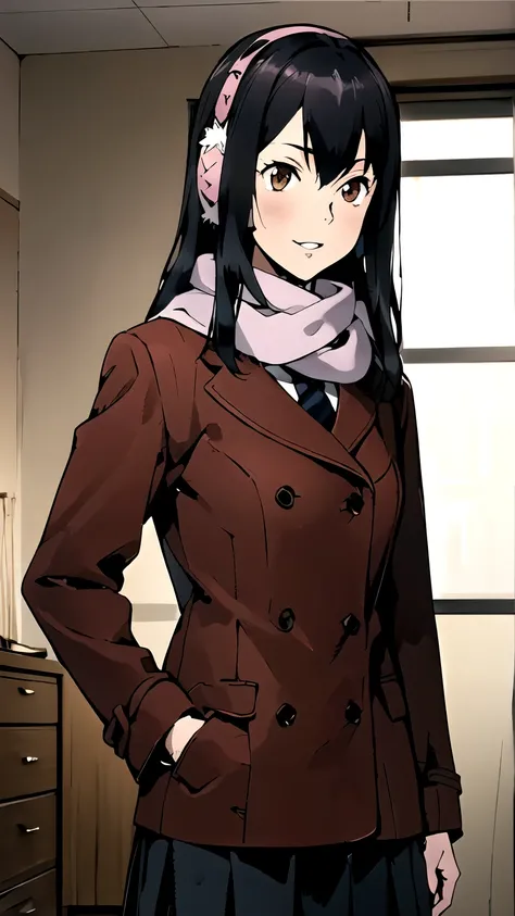 ((masterpiece,best quality)), {DATE_artstyle_LoRA : Manga_Style} {horror_edit : creepy_room_aura} {partially_monochrome} { (Kana Kimishima, hair long hair, brown eyes, dark hair, earmuff,  perfectly_shape_breast : perfectly_slender_body  : } { skirt, schoo...