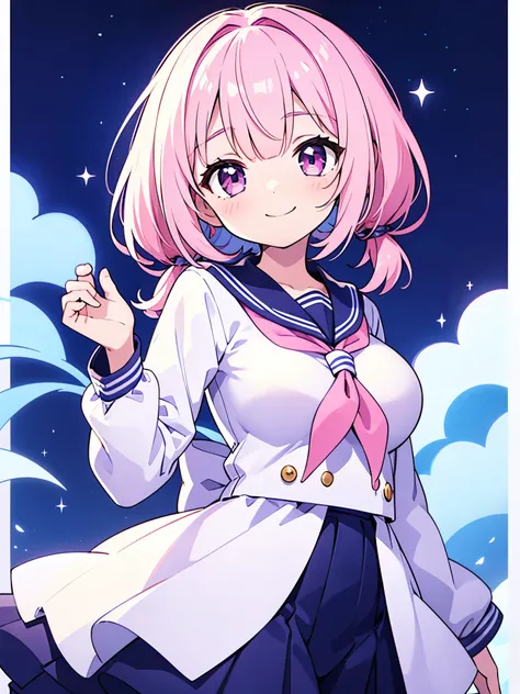  Smile face,

Starry sky background,

One girl is Light Pink eyes light pink hair Short Bob Low Twintails Wearing a sailor suit ,

masterpiece, High resolution,large breasts,