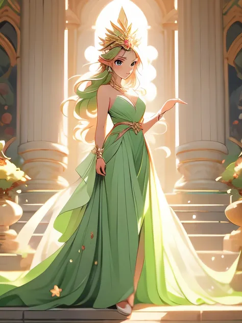 a close up of a cartoon character with long hair, ((a beautiful fantasy empress)), palutena, lady palutena, fey queen of the summer forest, character adoptable, beautiful elegant dryad, beautiful full body concept art, full body adoptable, green flowing ha...