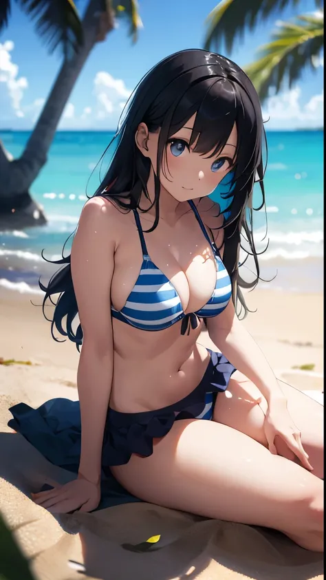 A young and beautiful Japanese woman wearing a light blue and white striped bikini stands on a pristine sandy beach of a deserted island. The backdrop features crystal-clear blue waters and lush green islands in the distance, but the background is artistic...