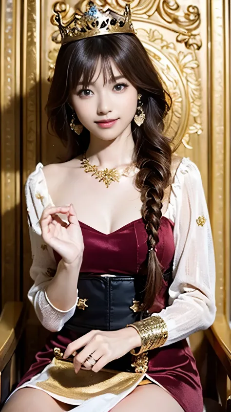 ((( carefully depicts perfect anatomical limbs))), panorama,whole body,Historical oil painting portrait,Queen of Medieval Europe ,A 20-year-old queen with a wonderful smile,(Very long maroon hair is beautifully braided:1.5),(Thin macho yet tight waist:1.5)...