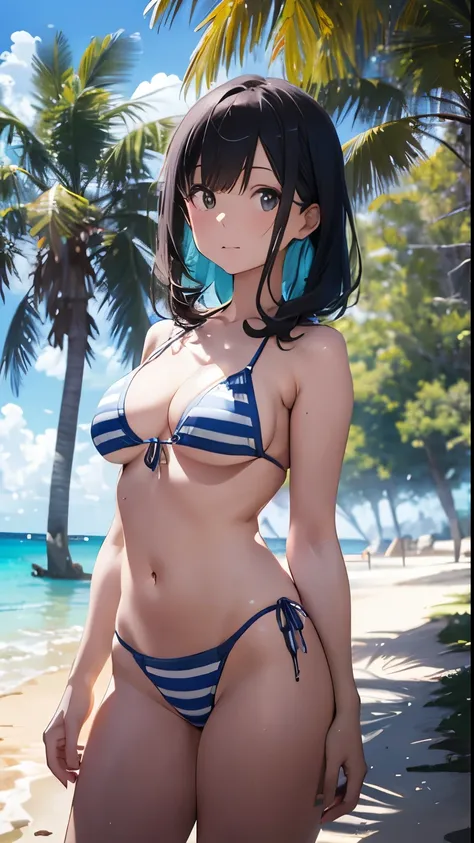 A young and beautiful Japanese woman wearing a light blue and white striped bikini stands on a pristine sandy beach of a deserted island. The backdrop features crystal-clear blue waters and lush green islands in the distance, but the background is artistic...