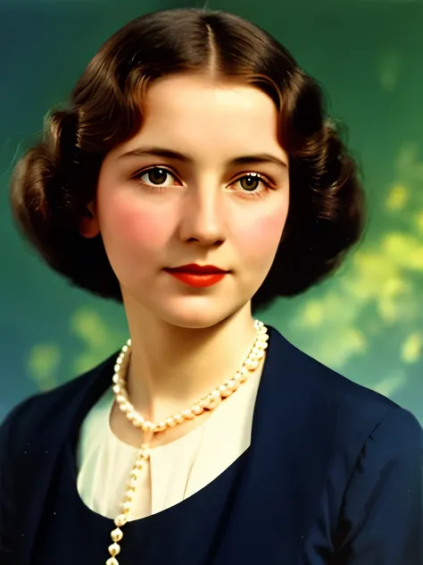 a close up of a woman wearing pearls and a black shirt, a colorized photo, colorized, colorized photo, colorized photograph, autochrome pearl portrait, colorized photon, colourized, award winning colorized photo, inspired by Ada Gladys Killins, colorized 1...