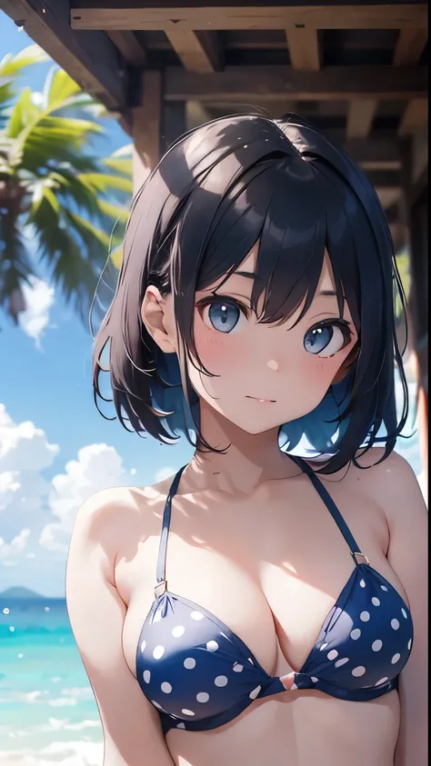 A young and beautiful Japanese woman wearing a light blue and white polka-dot bikini stands on the pristine sandy beach of a deserted island. Behind her stretches a breathtaking scene of crystal-clear blue waters and lush green islands, but the background ...