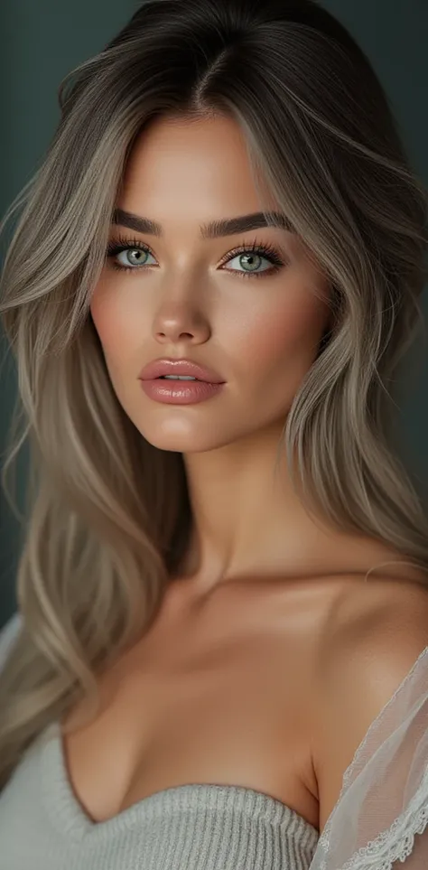 Hyperrealistic female model:

by:

- Color:  Dark blonde with silver highlights  (#B1B1B1)
- Texture: seeds,  with a touch of glitter
- Length :  to the waist
- Style :  Styled to one side , with a touch of elegance

Eyes :

- Color:  Deep blue with green ...