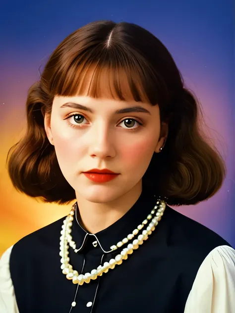 a close up of a woman wearing pearls and a black shirt, a colorized photo inspired by Ada Gladys Killins, instagram, surrealism, colorized, colorized photo, colorized photograph, autochrome pearl portrait, colorized photon, colourized, award winning colori...