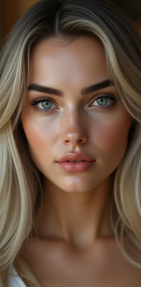 Hyperrealistic female model:
by:
- Color: Dark blonde with silver highlights (#B1B1B1)
- Texture: seeds, with a touch of glitter
- Length : to the waist
- Style : Styled to one side , with a touch of elegance
Eyes :
- Color: Deep blue with green ...
