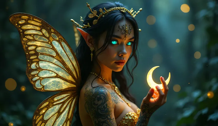 "A mystical dark fairy with glowing cyan eyes, intricate golden and black vine-like designs covering her face and body, holding a glowing crescent moon fragment. Her wings are translucent with shimmering golden details, resembling butterfly wings, glowing ...