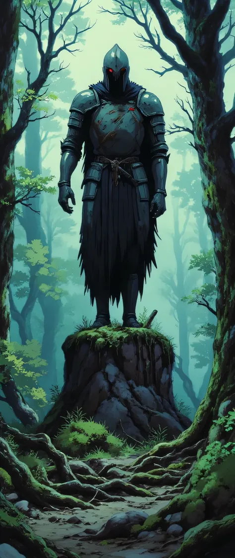 ( masterpiece:1.2, exceptional quality, display case, cinematographic experience , best illustration:2.0, more details.2.0), 16k, wallpaper, ( The Cursed Statue Deep in the Forest ), ( In the middle of a misty forest , a statue of a headless knight , in...
