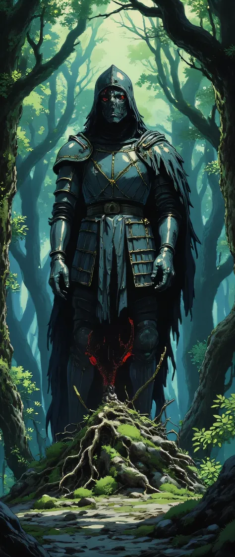( masterpiece:1.2, exceptional quality, display case, cinematographic experience , best illustration:2.0, more details.2.0), 16k, wallpaper, ( The Cursed Statue Deep in the Forest ), ( A stone statue of a headless knight , coberta por uma camada de musgo...