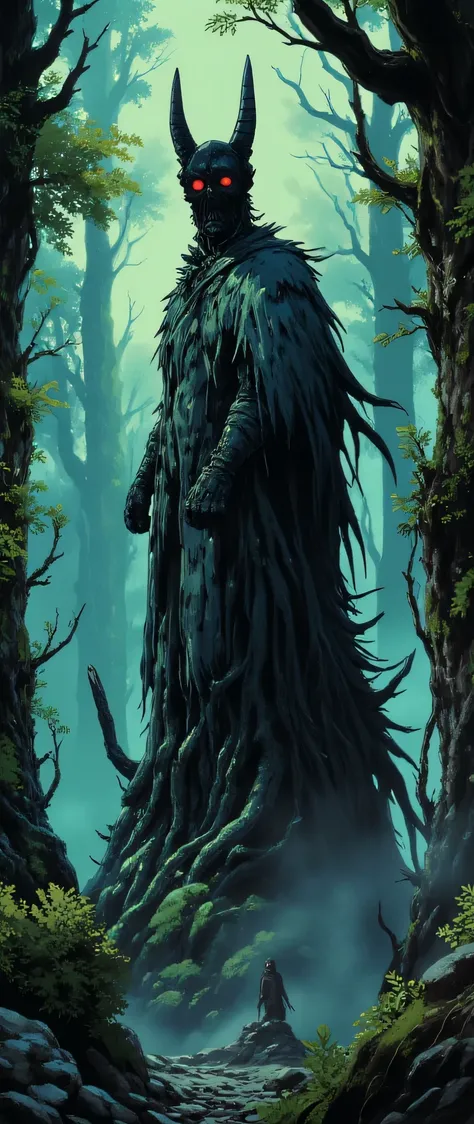 ( masterpiece:1.2, exceptional quality, display case, cinematographic experience , best illustration:2.0, more details.2.0), 16k, wallpaper, ( The Cursed Statue Deep in the Forest ), ( The statue of a headless horseman , wearing time-corroded armor , st...