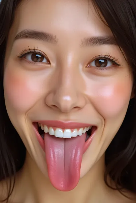 32k 8k super high image quality masterpiece, well-groomed face, realistic eyes, high brightness, focus on the face, like in real life, a smile pointing straight over the face like in real reality akkanbe, beautiful tongue, thick tongue, big glossy tongue, ...