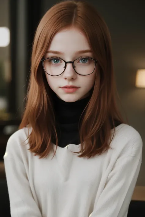 raw photo,full body shot, full view,(13yo skinny redhead girl:1.2), flat chested, cheek dimples, blushing, graphic eyeliner, rouge, (lipstick:0.6), (choker:0.9), realistic skin texture, oversize knit sweater, (red:0.8), black leggings, glasses, softcore, w...
