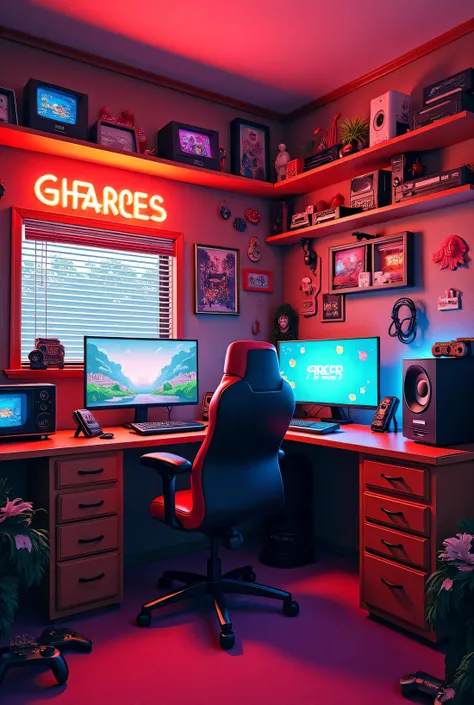 Retro red anime gamer room