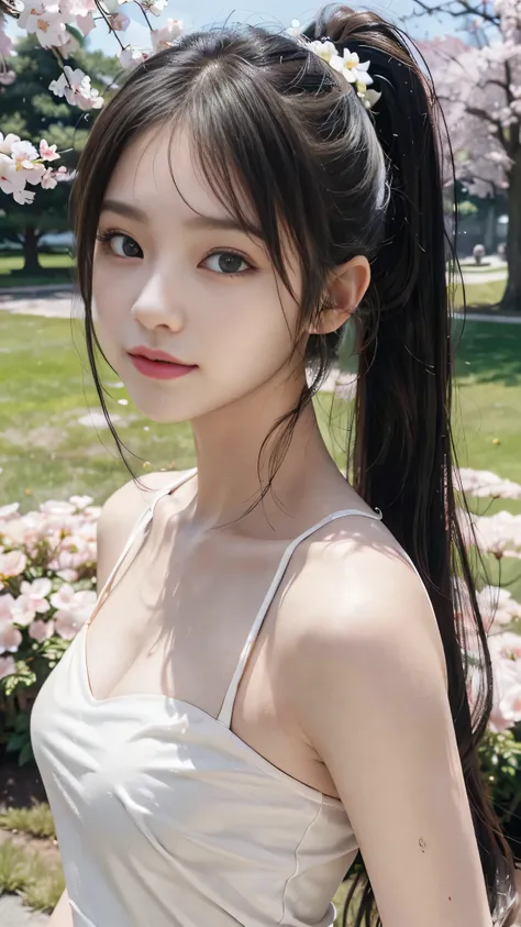 urban park,wearing a spring dress in soft pastel colors, such as pink or white, standing under a row of cherry blossom trees in full bloom,Close up face,The highest image quality, High quality, the background is clear,Beautiful woman, Japanese,Ultra-detail...