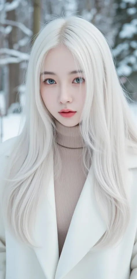 32k, Masterpiece, top quality, ( Korea's Beautiful Woman) Long, flowing white hair. Bright green eyes. White coat. Beige turtleneck sweater. Snow-covered trees. Serene. Peaceful. Winter. Quiet. Contemplative. Still.