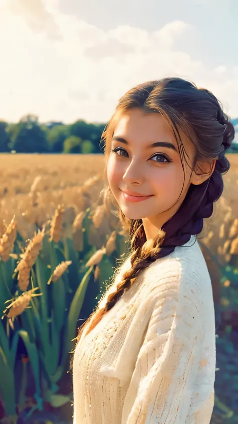 A photo of a TOK person, 1girl, 20 years old, tall and attractive, wearing a cute country dress, hair braided, standing in a rustic farm setting. She has a soft, gentle smile and expressive eyes. In the background are charming barns, golden wheat fields an...