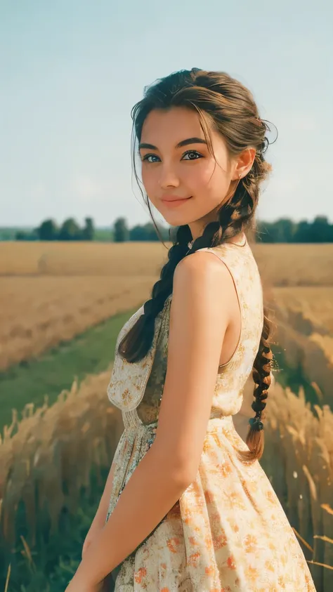 A photo of a TOK person, 1girl, 20 years old, tall and attractive, wearing a cute country dress, hair braided, standing in a rustic farm setting. She has a soft, gentle smile and expressive eyes. In the background are charming barns, golden wheat fields an...