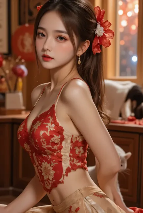 A close-up, head-and-shoulders portrait of a beautiful Korean idol with fine facial features and a ponytail, wearing a red-black-gold short dress with some black-transparent sections, adorned with intricate gold or silver phoenix and floral embroidery. She...