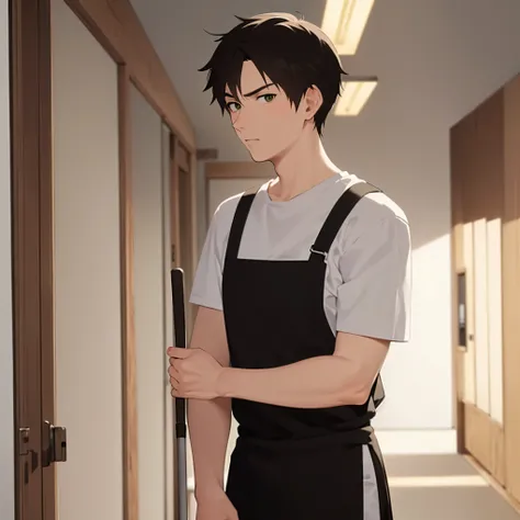 looking at viewer, side angle,  masterpiece, best quality, Japanese manga style, upper body, holding a mop, (25 year old male: 1.5) and (short brown hair) and (green eyes), (white) and (T-shirt), black apron, (scowl:1.3),  inside office hallway, alone, sta...