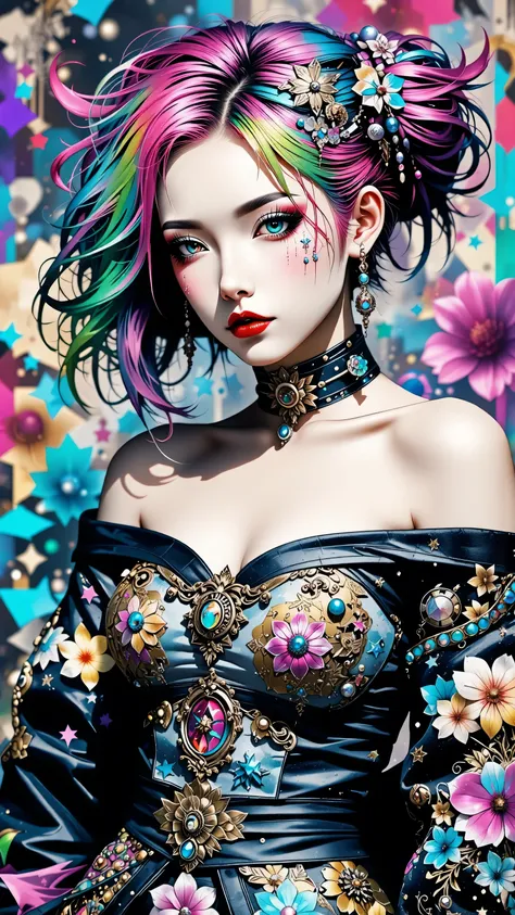 Japanese girl, (anime), manga, sexy, Latex, sparkles, Pink Green Hair, posing, Glitter Dust, dynamic shadows, masterpiece, bright colors, Shimmers, clear details, beautiful appearance, masterpiece, best quality, perfect anatomy, very aesthetic, official ar...