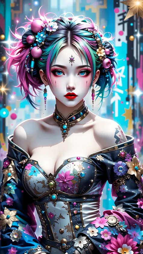 Japanese girl, (anime), manga, sexy, Latex, sparkles, Pink Green Hair, posing, Glitter Dust, dynamic shadows, masterpiece, bright colors, Shimmers, clear details, beautiful appearance, masterpiece, best quality, perfect anatomy, very aesthetic, official ar...