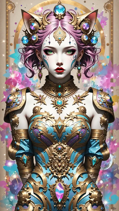 {Celestial hues, lofi, shiny aura, cute, pink hair, ((green eyes)), big pretty realistic eyes, ((cat girl), (huge breasts), (cleavage), sexy, submissive, highly detailed, holographic glowing motifs, geometric, perfect composition , beautiful, perfect eyes,...