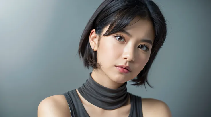 ((best quality, 8k, masterpiece:1.3, waist up)),sharp focus:1.2, 1girl ,(detailed face) , Beautiful lady with Perfect Figure, Vivid, (gray) color sleeveless turtleneck, black hair,studio background,normal breast,
