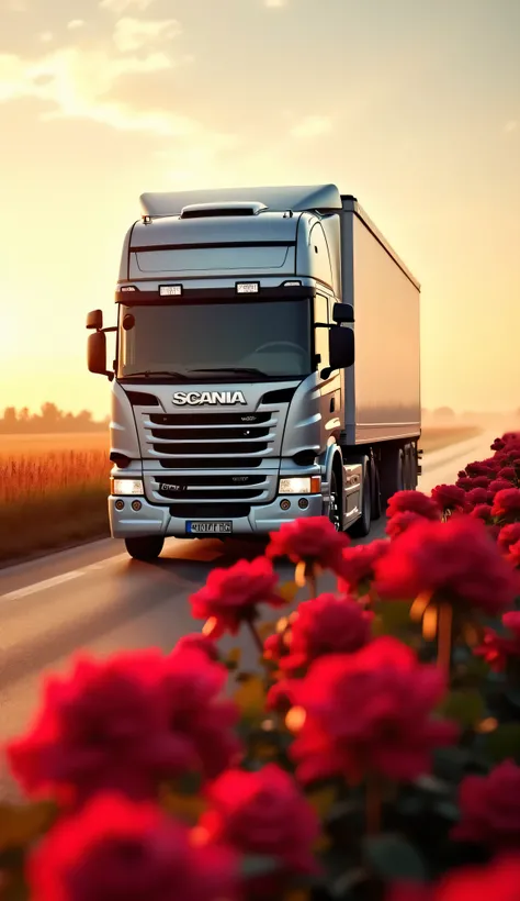 "A powerful Scania truck driving down a road lined with vibrant red roses on both sides. The truck has a sleek, modern design, and the scene is captured in warm, golden lighting, creating a dreamy and surreal atmosphere. The perspective is slightly low, em...