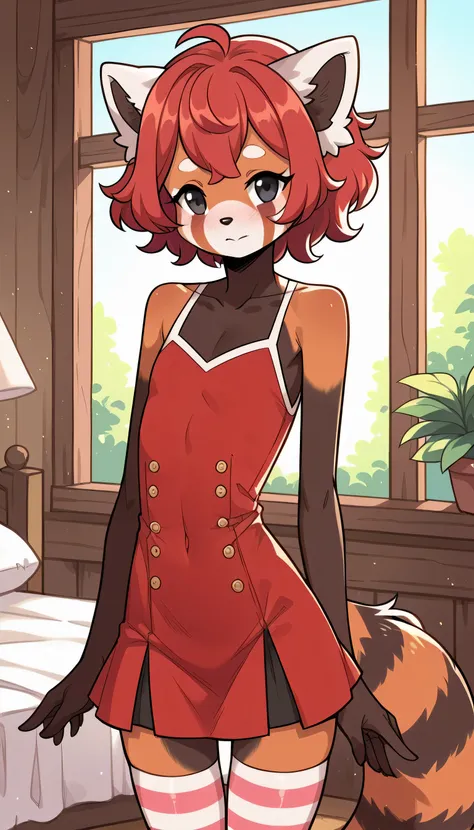  of the best quality ,  very detailed illustration, ( Anthropomorphic fluffy red panda boy:1,7), red fur and hair,  Black eyes ,  red hair,  disheveled red fluffy hair,  seductive look,  slim, ideal body,  thin waist, (19 years old),  wide hips, One, (bedr...