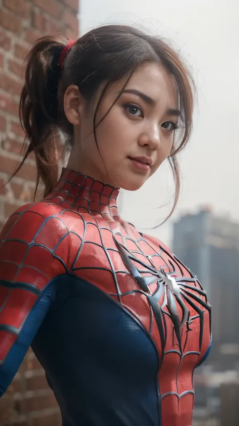 top-quality selfie portrait,((Beautiful korean girl in spiderman red black costume with white spider symbols, ragged):1.5),Bewitching face, ((barbie likeness):1.2), ((beautiful detailed eyes, round big eyes, beautiful detailed lips, sharp nose, extremely d...