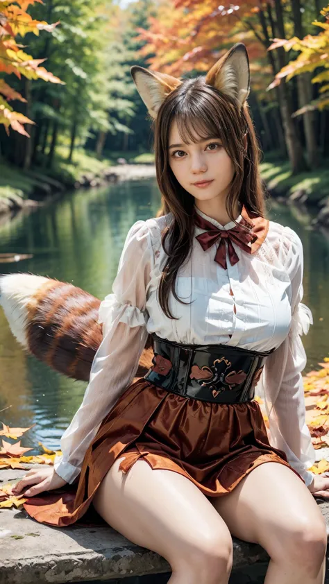 1 fox girl, ruby eyes, fox tail, fox ears, brown hair, chignon, (smile:0.9), (parted lips:0.9), cute, 
china dress, side slit, pelvic curtain, (sandals:0.9), 
sitting on bridge, leaning forward, knee up, 
(autumn leaves:1.1), (crimson stream:0.9), (crimson...