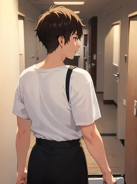 back shot, , masterpiece, best quality, Japanese manga style, upper body, holding a mop, (25 year old male: 1.5) and (short brown hair) and (green eyes), (white) and (T-shirt), black apron, sirious, open mouth, inside office hallway, alone, standing.