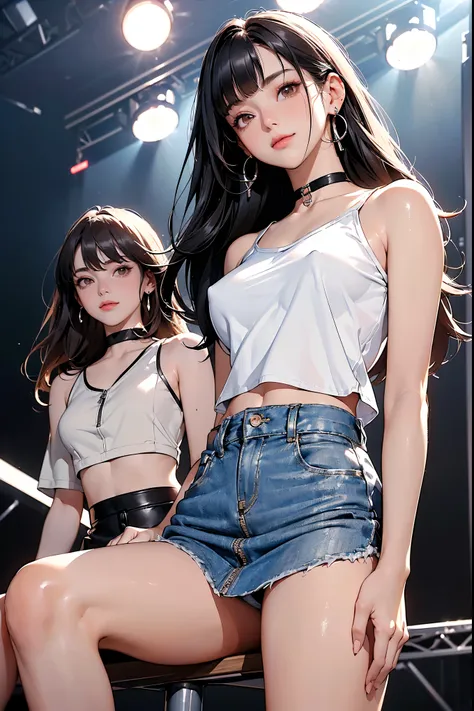 (Girls idol duo , オン stage), ( TWO FEMALE IDOLS STAND ON THE STAGE ), (Two beautiful women:1.8), ((Shorten your head, Reduce the volume of your hair,  Dark Brown Blunt Bangs Hair )), (( long, slender eyes, Hazel Eyes, Make your head smaller, round face,  b...