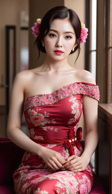  an office lady,  sitting by the window,   facing the camera,  use a long Chinese dress to the toe of red floral print,   big boobs,   red lips,  holding the fan,  using hairdyed floral ornaments