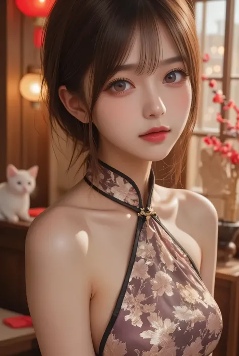 Cat ears、 face up、((( Lying in Bed))) attractive, pretty girl, ponytail、 (( fine facial features , eroticism)), dramatic lighting , realistic , 8k, Dramatic Shadows , intricate and elaborate patterns , super detailed photo ...