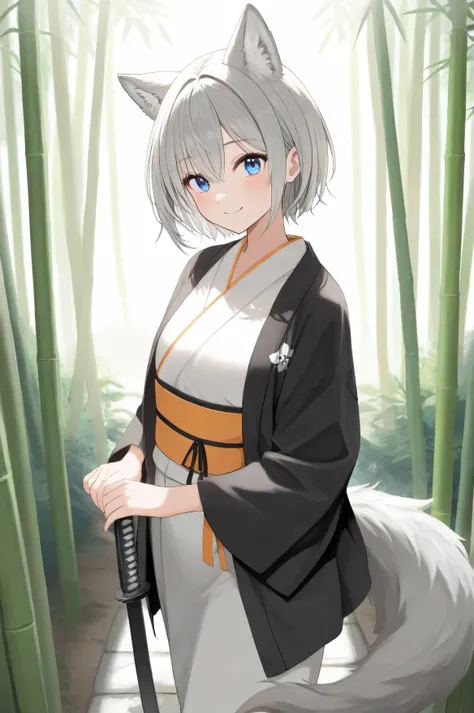 ((masterpiece)), ((  top quality)), ((  high resolution)), ((  detailed description )),  female 1 person( Wolfの耳、 gray hair 、  shortcuts、  short hair 、blue eyes、Wolf&#39;S-tail)、Japanese clothes based on white、 viewer's gaze、smile、Walking through the Bambo...