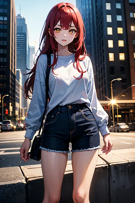 1girl, anime, beautiful woman, sparkly yellow eyes, long red hair, wearing blue modern casual attire, modern city background