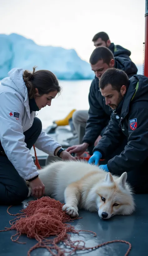 The Arctic fox lies calmly on the rescue ship’s deck, its frostbitten paws and small cuts now bandaged. The fishing net has been fully removed, and its fluffy fur begins to dry in the cold Arctic breeze. Two medical team members in white coats tend to its ...