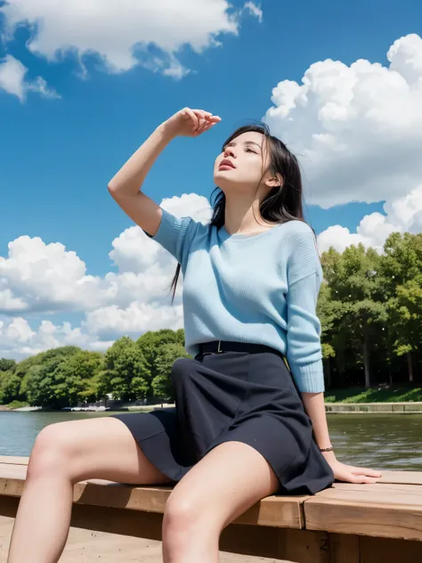  top quality、masterpiece、 one girl、 with an extremely delicate face and skin texture 、 white summer knitwear、 Black Long Skirt 、((( I'm sitting on a park bench and looking up at the sky、 a girl looking up at the sky、Look at the sky)))、Daily Scenery、、Perfec...