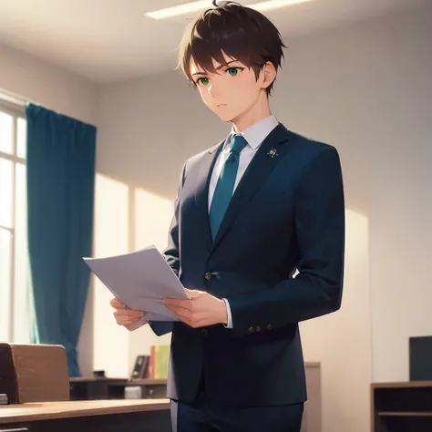 (looking away:1.5), holding a document, masterpiece, best quality, Japanese manga style, upper body, (25 year old male) and (short brown hair) and (combed-back hair) and (green eyes), (Wearing a suit: 1.3) and (blue tie), srious, inside office room, alone,...