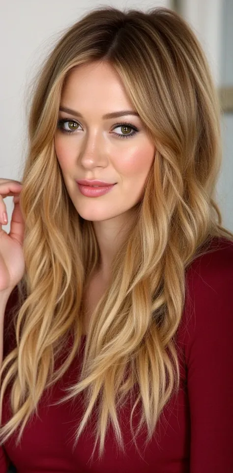 Hilary duff:

by:
- Color:  Dark blonde with warm reflections  (#786C3B )
- Texture: wavy,  silky and slightly curly
- Length :  to the shoulders,  with some longer wicks that fall on the forehead
- Style: suave, 

Eyes :
- Color:  Bright blue with a touch...