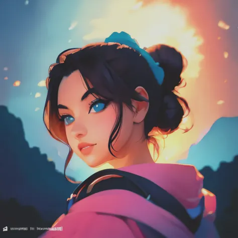 Side portrait 80% shilouette of a Beautiful goddess with hair in a bun, gorgeous eye lashes, composites with a mountain scene blended together, background by ilya kuvshinov and annie leibowitz. synthwave watercolor painting on canvas trending in artstation...