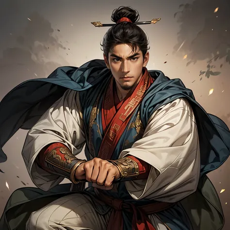 ((Create an image from head to knee)), Three Kingdoms illustration , male solo, charming man , beautiful face, perfect hand , ( black hair), Various facial expressions, various poses, Brilliant background , blurry background , Perfect Chinese Armor,...