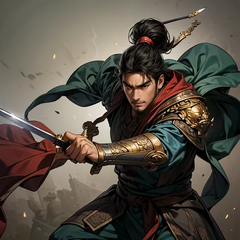 ((Create an image from head to knee)), Three Kingdoms illustration , male solo, charming man , beautiful face, perfect hand , ( black hair), Various facial expressions, various poses, Brilliant background , blurry background , Perfect Chinese Armor,...