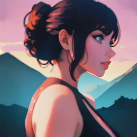 Side portrait 80% shilouette of a Beautiful goddess with hair in a bun, gorgeous eye lashes, composites with a mountain scene blended together, background by ilya kuvshinov and annie leibowitz. synthwave watercolor painting on canvas trending in artstation...